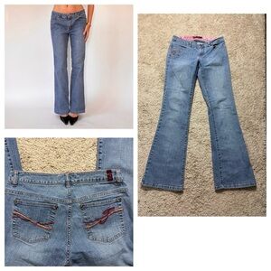 FETISH Y2K Vintage Women Sz 7/8 embroidered low rise flare blue jean light wash